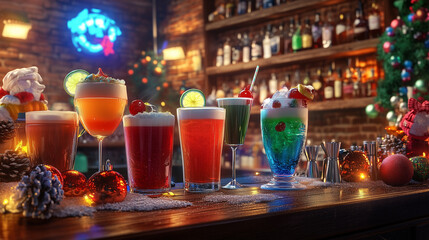 Festive bar scene with a variety of colorful drinks and holiday-1
