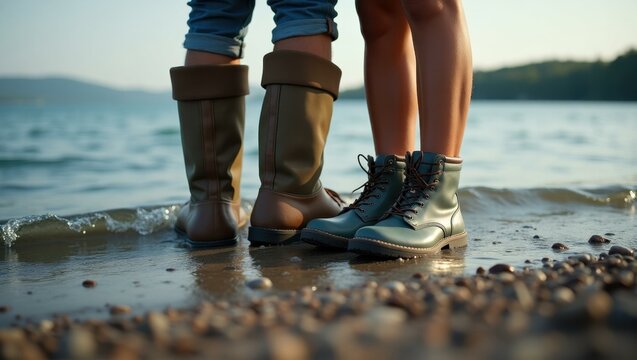 Beach Footwear. Closeup of boots and sneakers on rocky shore beach dur - Powered by Adobe
