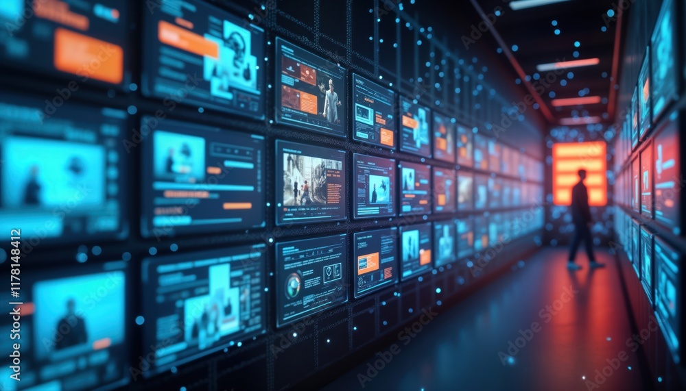 Poster Futuristic digital content display wall. Many screens show various video streams, data. Person walks in modern tech space. Digital content platform. Social network service shows streaming videos. NFT