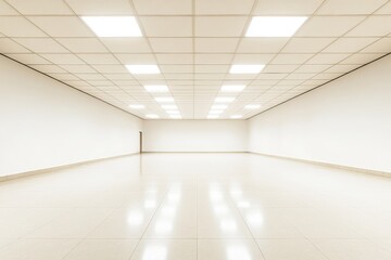 A vacant room with simple white walls and a tan floor The ceiling has recessed lights of