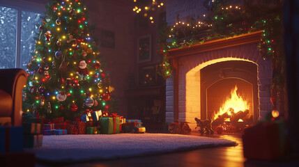 Obraz premium Festive fireplace, Christmas tree glowing with vibrant lights, and toys beneath-4