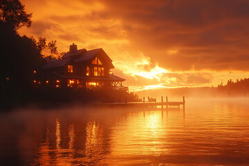 Fototapeta premium Lake House Sunrise: Golden Hour Landscape Photography