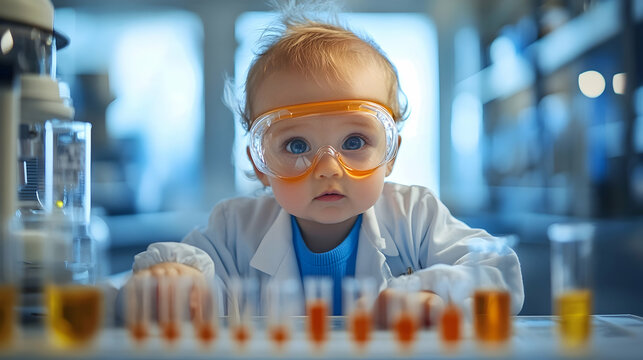 Baby dressed as a scientist working in a laboratory, symbolizing curiosity and intelligence, perfect for science-themed branding or educational campaigns