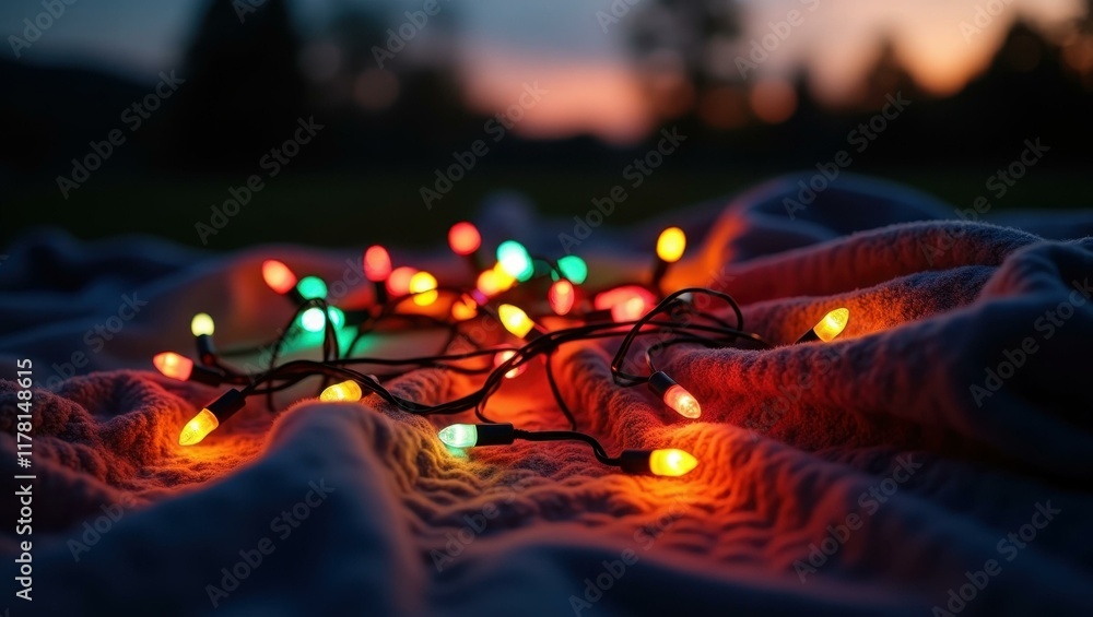 Poster mess of colorful string lights twinkling around their blanket as evening sets in, professional stock