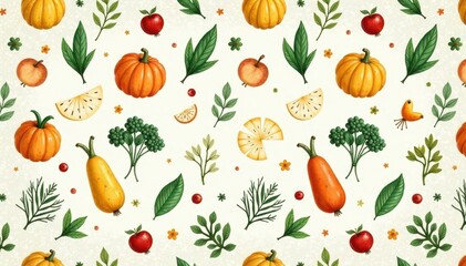 Charming hand-drawn eco-friendly objects repeat pattern, green, design