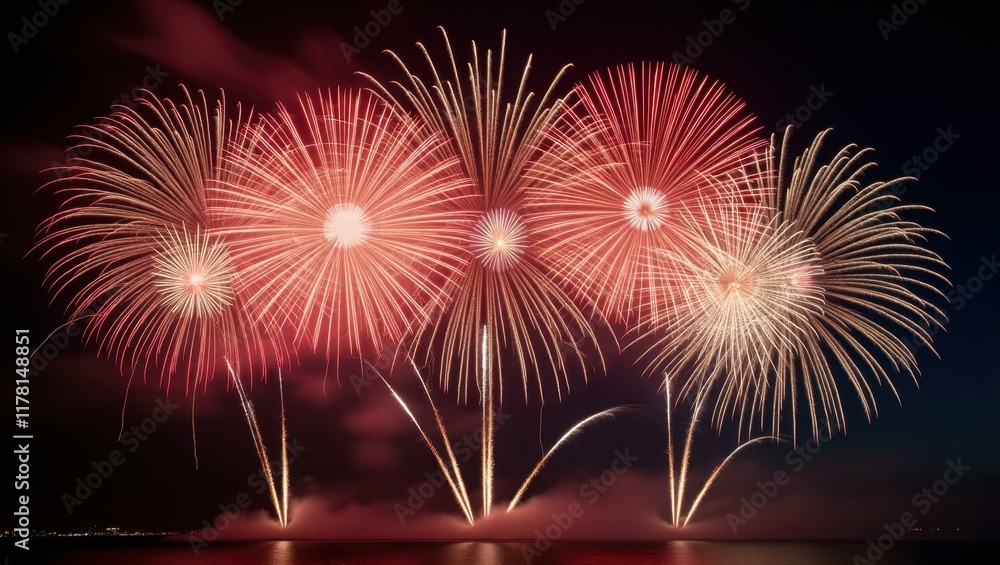 Poster top shot capturing colorful mosaic of fireworks exploding in perfect harmony, professional stock pho