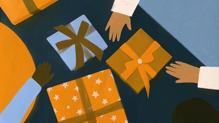 Children's hands reach for gifts illustration