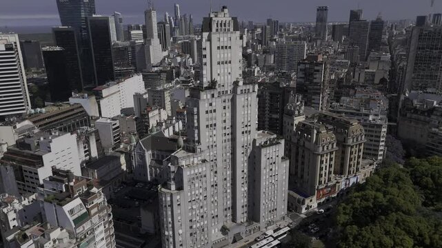 Drone orbits around the front of Edificio Kavanagh on sunny afternoon in Buenos Aires, Argentina