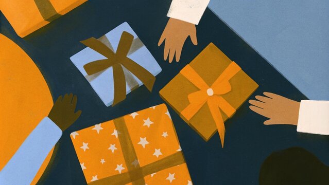 Children's hands reach for gifts illustration