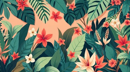  flat design illustration featuring a nature background with tropical green leaves, exotic plants, and flowers. Warm terracotta and cool teal colors create an earthy contrast.