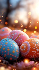 Vibrant Easter eggs, crafted with unique designs and bright colors, are nestled on a natural surface, illuminated by warm sunlight and soft bokeh effects