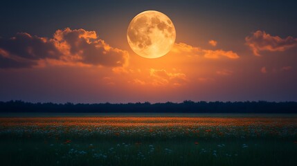 Orange Poppy Field Underneath A Large Sunset Moon