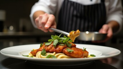Chef plating dish with precision ensuring attractive and appetizing presentation, Professional stock photo, AI generated photograph