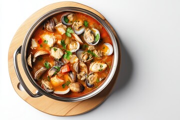 Aerial view of a metal pot with seafood soup featuring clams and hake on a kitchen cutting
