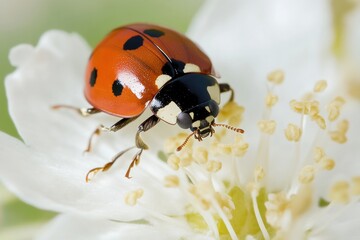 Obraz premium A ladybug sits on the petals of a white flower, its tiny body and bright colors standing out against the simple background