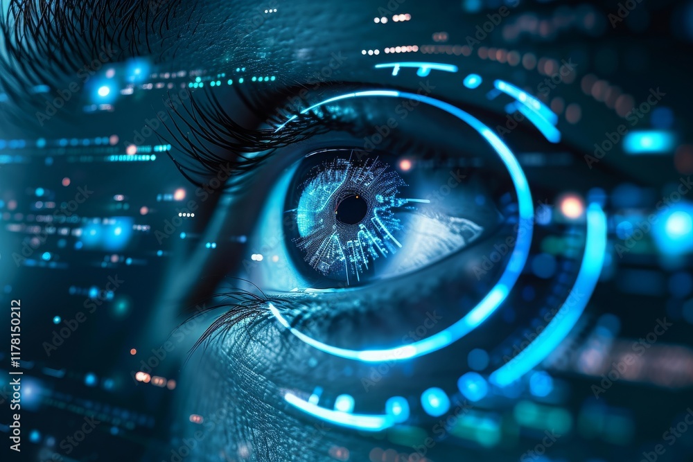 Poster exploring advanced surveillance technology concepts through a close-up view of a human eye enhanced 