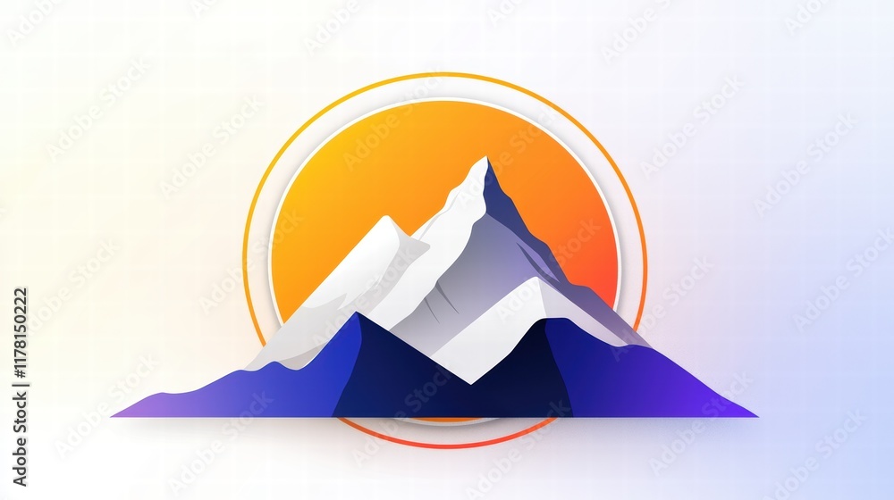 Poster a bold mountain icon design using flat colors, sharp lines, and a circular frame to highlight a clea