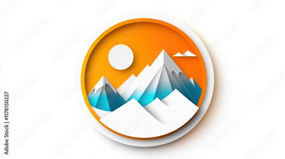 Poster a bold mountain icon design using flat colors, sharp lines, and a circular frame to highlight a clea