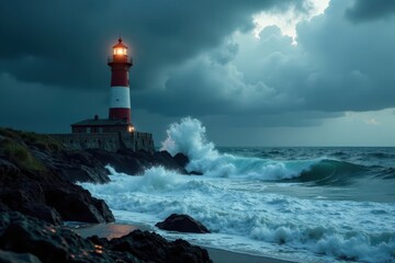 Obraz premium Dark clouds, waves crash against flooded lighthouse base, raging, clouds