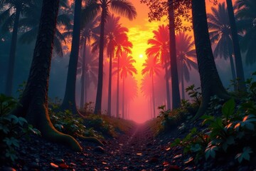 Charred rainforest canopy, burnt undergrowth, intense smoke, loss, ecology