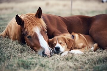 Fototapeta premium A dog is lying next to a horse in a natural setting