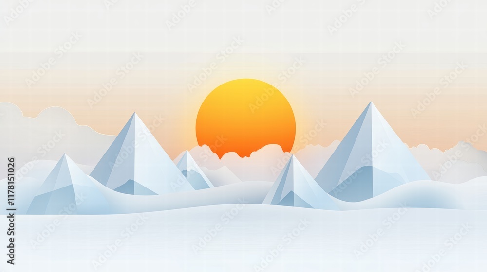 Poster a clean and minimalist vector illustration of mountains with sharp triangular peaks, soft gradients,