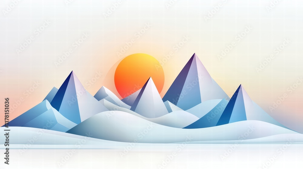Poster a clean and minimalist vector illustration of mountains with sharp triangular peaks, soft gradients,