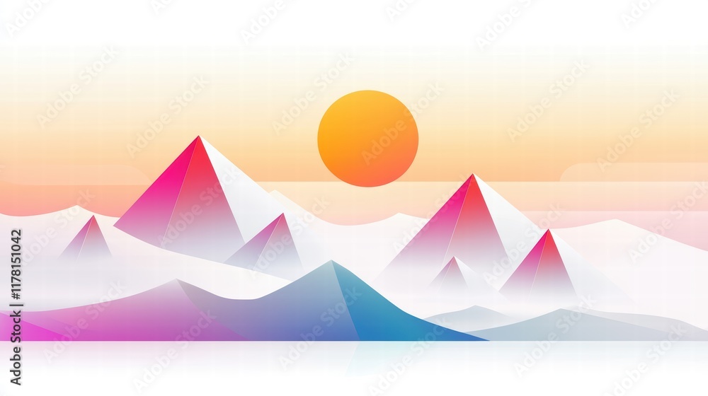 Poster a clean and minimalist vector illustration of mountains with sharp triangular peaks, soft gradients,