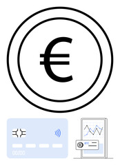 Euro sign inside a circle, credit card with wireless icon, and smartphone displaying crypto wallet and graph. Ideal for finance, digital payments, fintech, blockchain, cryptocurrency, e-commerce