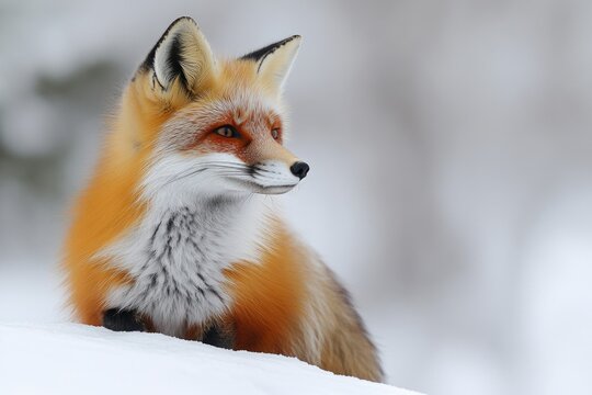 Close-up shot of a red fox standing in the snowy environment