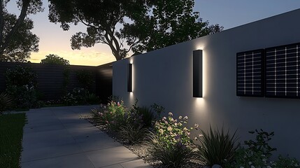 Modern solar powered wall lights illuminating a pathway at dusk.