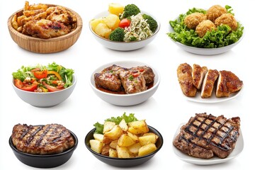 Fototapeta premium Assortment of English meals grilled chicken with veggies beef steak and potatoes fried