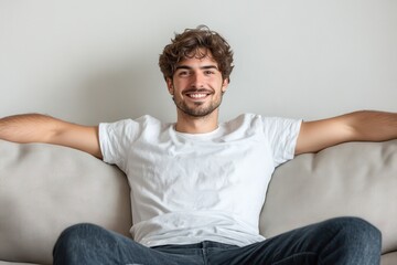 Obraz premium At home a smiling young man lounges on a comfy sofa in a bright cozy living room embrac
