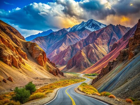 Surreal Asphalt Road in Tajikistan's Khatlon Region Mountains: Road Signs & Barriers