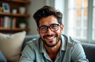 Happy young Hispanic man smiles at camera. He sits on a sofa in a home living room. Indoor portrait. Relaxed and content expression. Friendly and approachable.