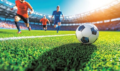 Soccer players running towards ball in stadium during sunny match.