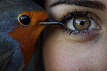 A detailed view of a human eye with a bird perched on the eyelid, great for depicting curiosity or fascination