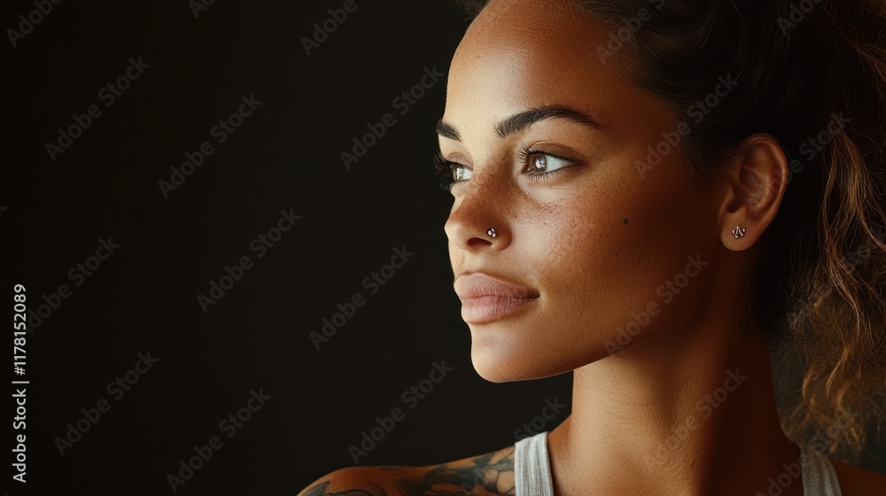 Poster profile of a young woman with striking features and a contemplative expression in natural light. gen