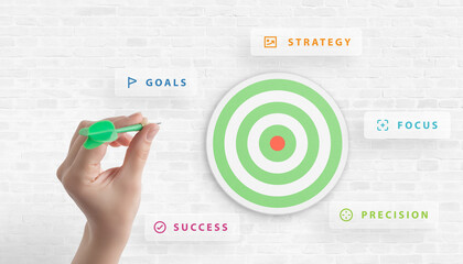Dart hitting the target surrounded by words like goals, strategy, success, precision, and focus,...