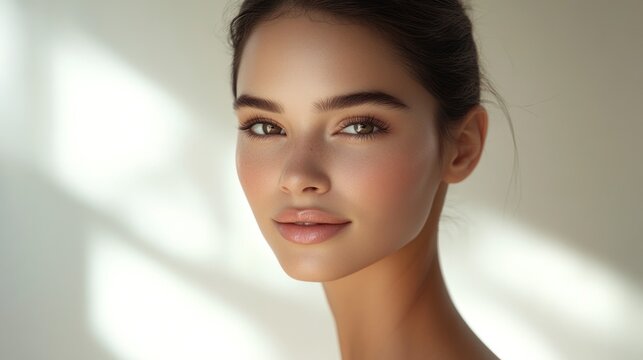 Beautiful young woman with natural makeup and radiant skin in soft light indoors. Generative AI
