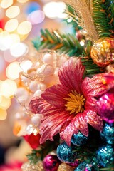 Naklejka premium A close-up shot of a beautifully decorated Christmas tree with colorful ornaments
