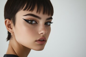 Naklejka premium Stylish close-up of a model showcasing bold eyeliner and sleek hairstyle in a minimalist setting. Generative AI