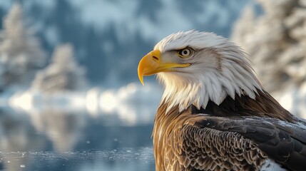 Fototapeta premium Close-up of an eagle perched near a body of water, with feathers and wings visible