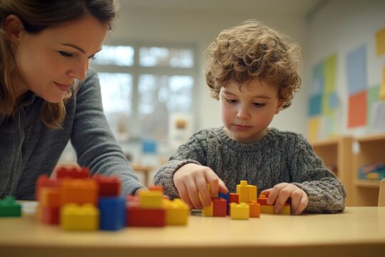 Child engages in creative play with building blocks alongside adult in a classroom setting. Generative AI