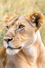 Obraz premium A lion resting in a green meadow, surrounded by tall blades of grass