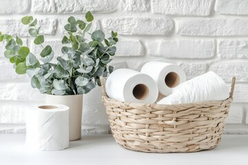 Basket containing toilet paper rolls and eucalyptus on table by brick wall