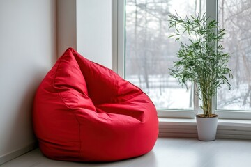 Bean bag chair by window in room Area for text