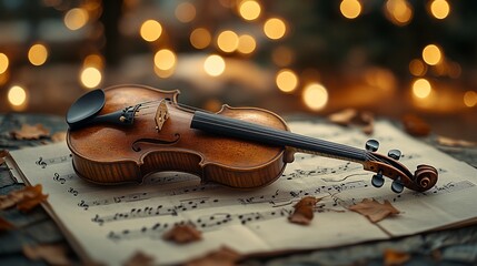 Violin rests on sheet music with autumn leaves