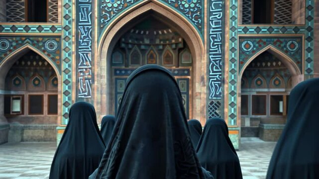 Elegant procession of women in traditional burqa in front of ornate Islamic architecture, slow motion effect