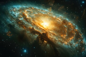 Fototapeta premium A vibrant orange star shines brightly at the center of this stunning galaxy, surrounded by swirling clouds of gas and dust